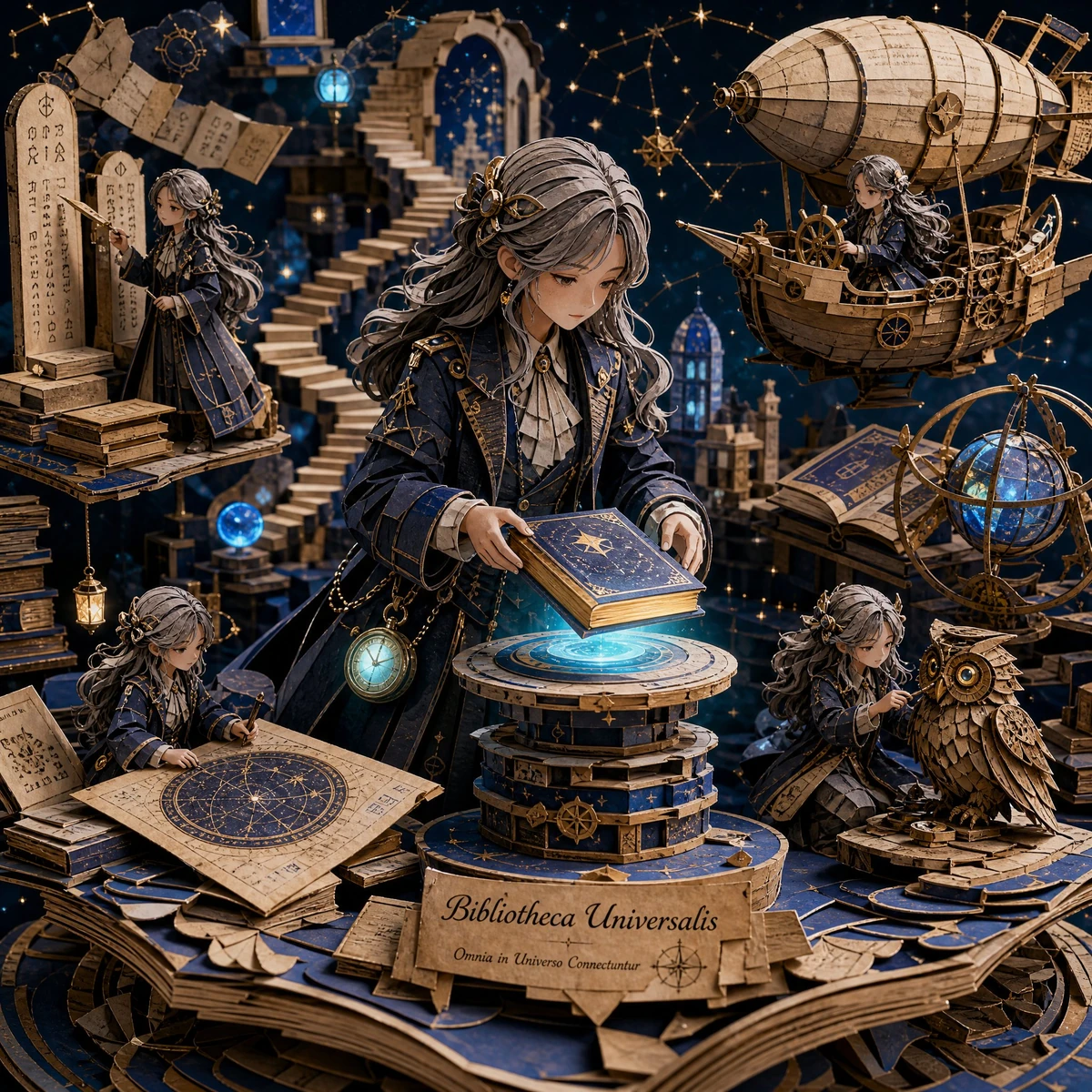 A highly detailed 3D layered papercraft diorama set inside a floating cos...