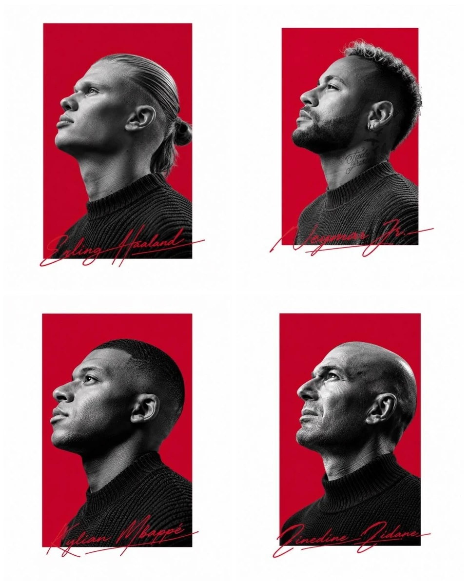 A premium sports editorial poster featuring four monochrome side-profile...