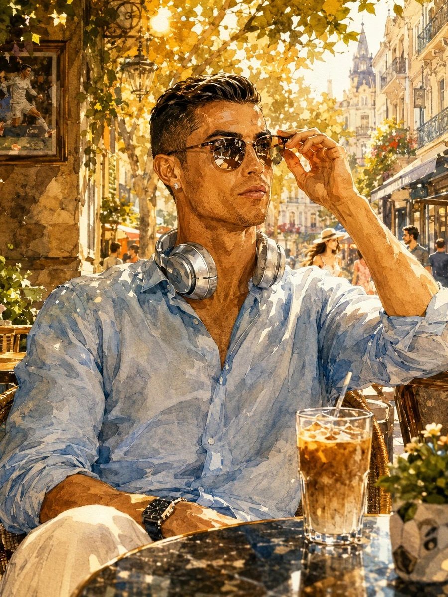A stunning watercolor painting of Cristiano Ronaldo sitting at an outdoor...