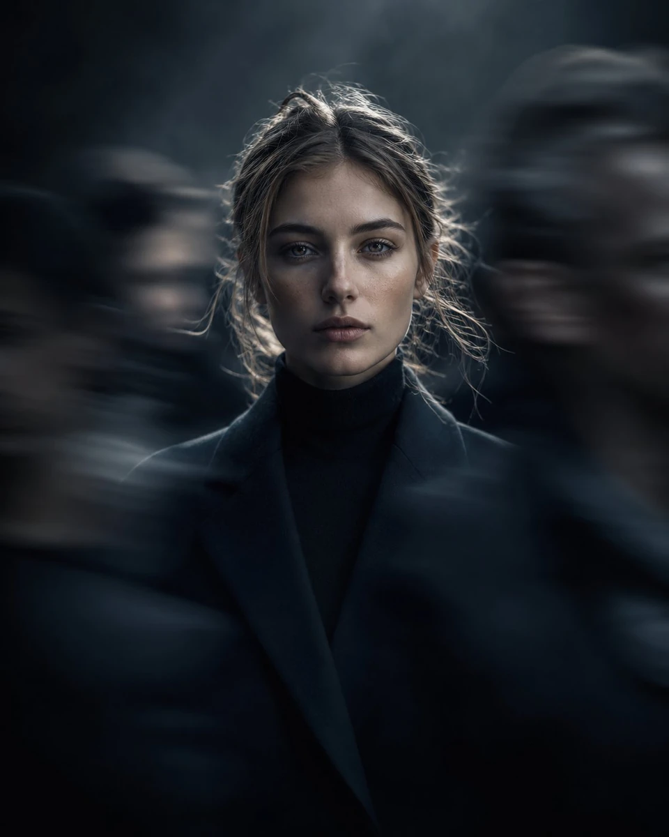 High-fashion editorial portrait of a European woman in her early 20s, pos...