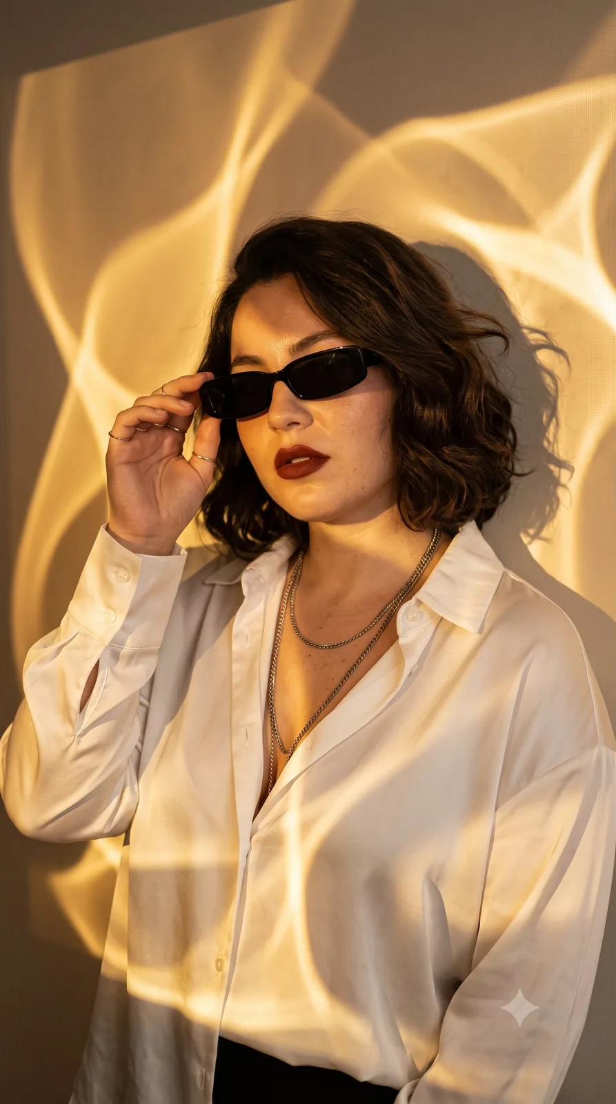 She wears an oversized white satin-inspired button-up shirt paired with l...