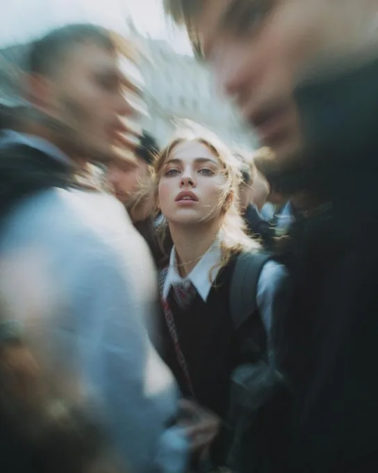 Paparazzi-style extreme close-up photo of a woman with striking facial fe...