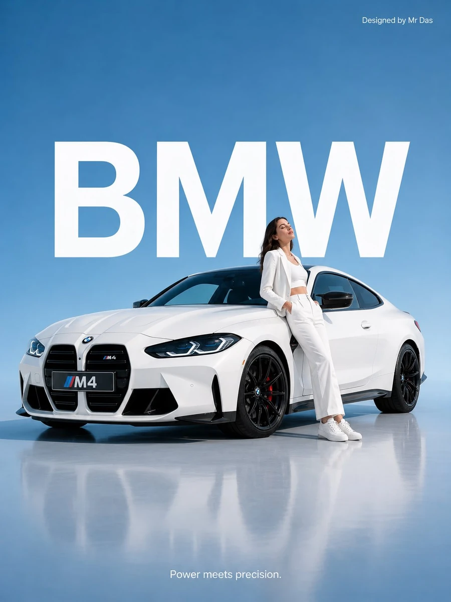 Minimalist commercial ad featuring oversized white BMW M4 sports car, ult...
