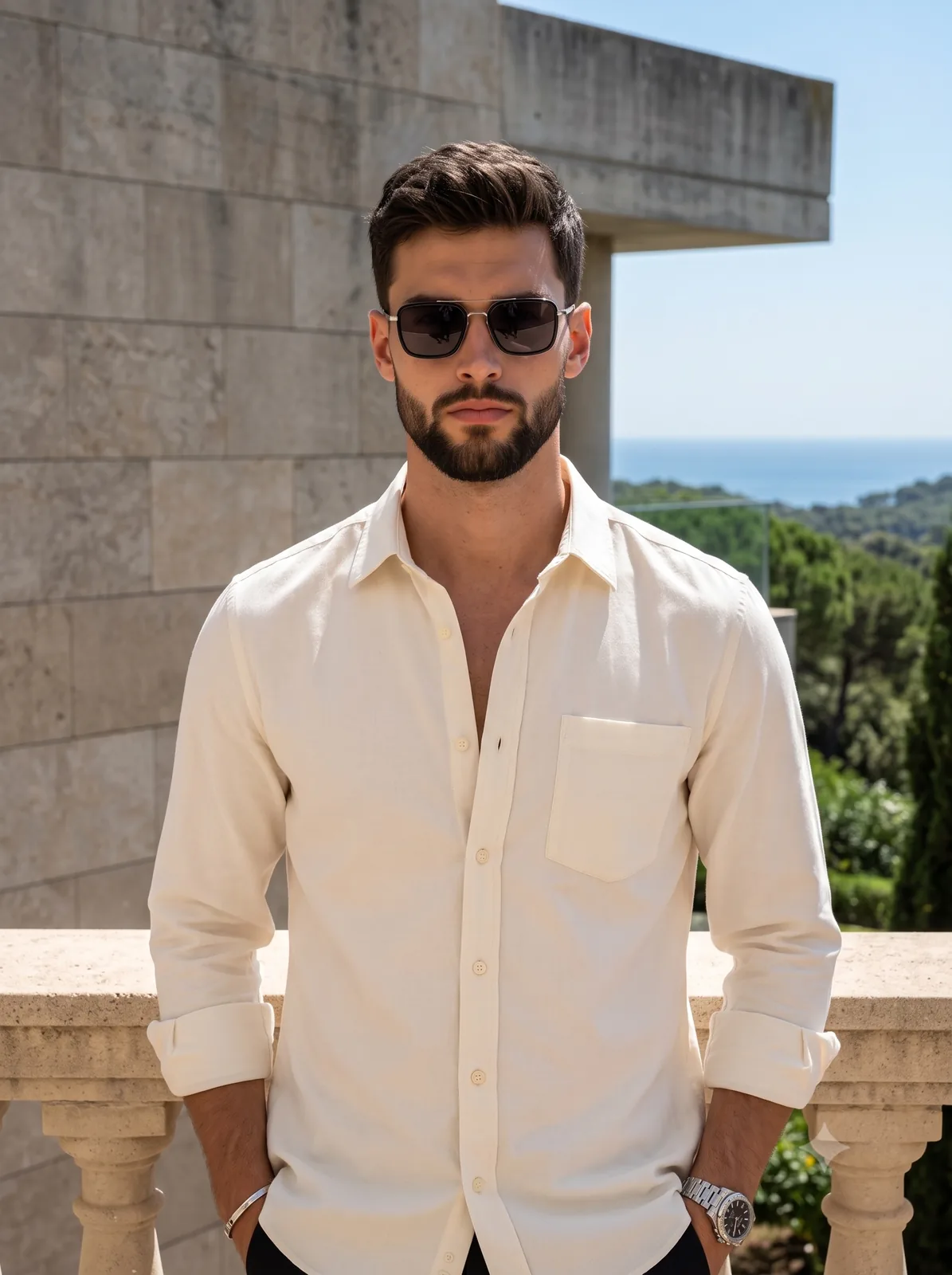 A young man with short, textured dark brown hair styled slightly upward a...