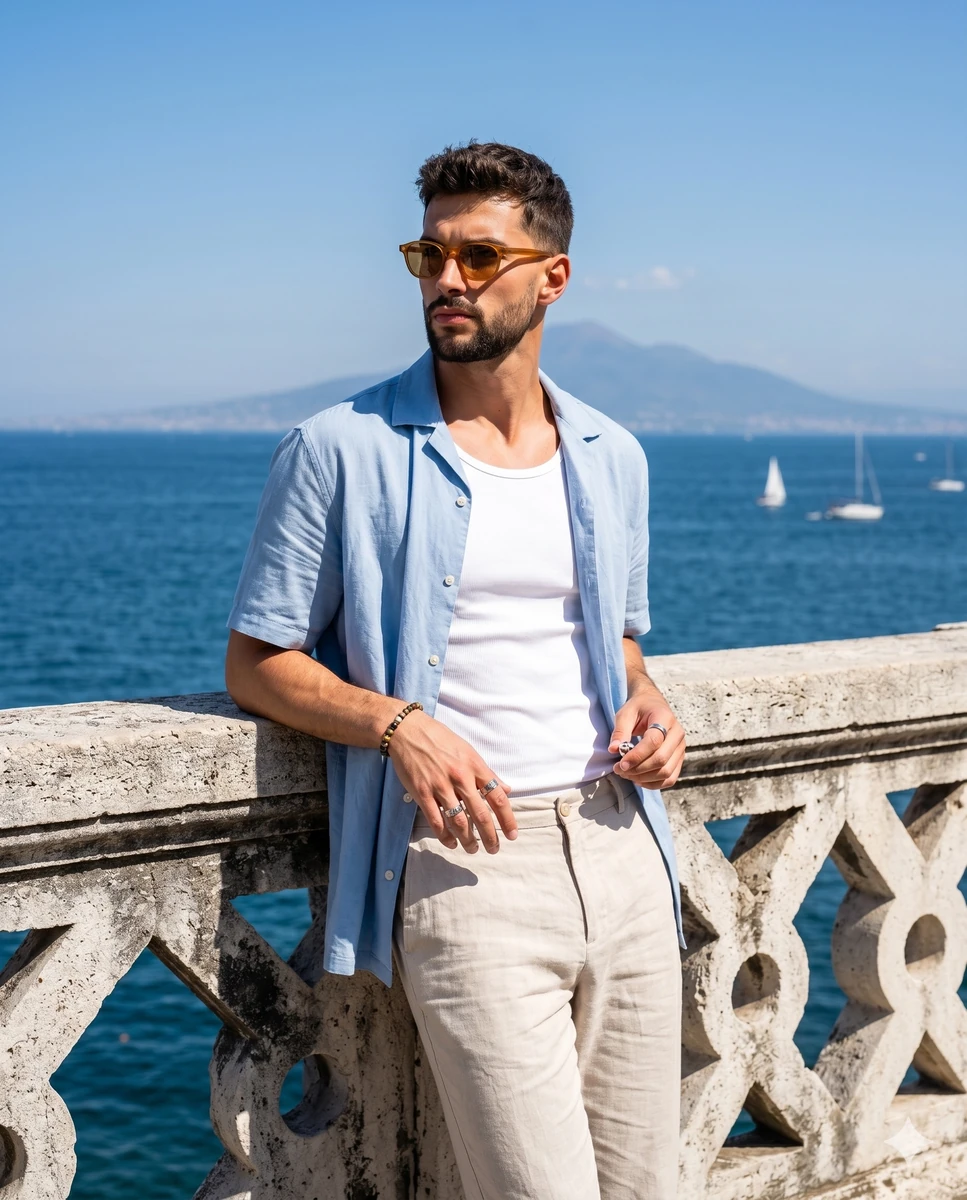 An athletic male subject with short, textured dark brown hair stands conf...