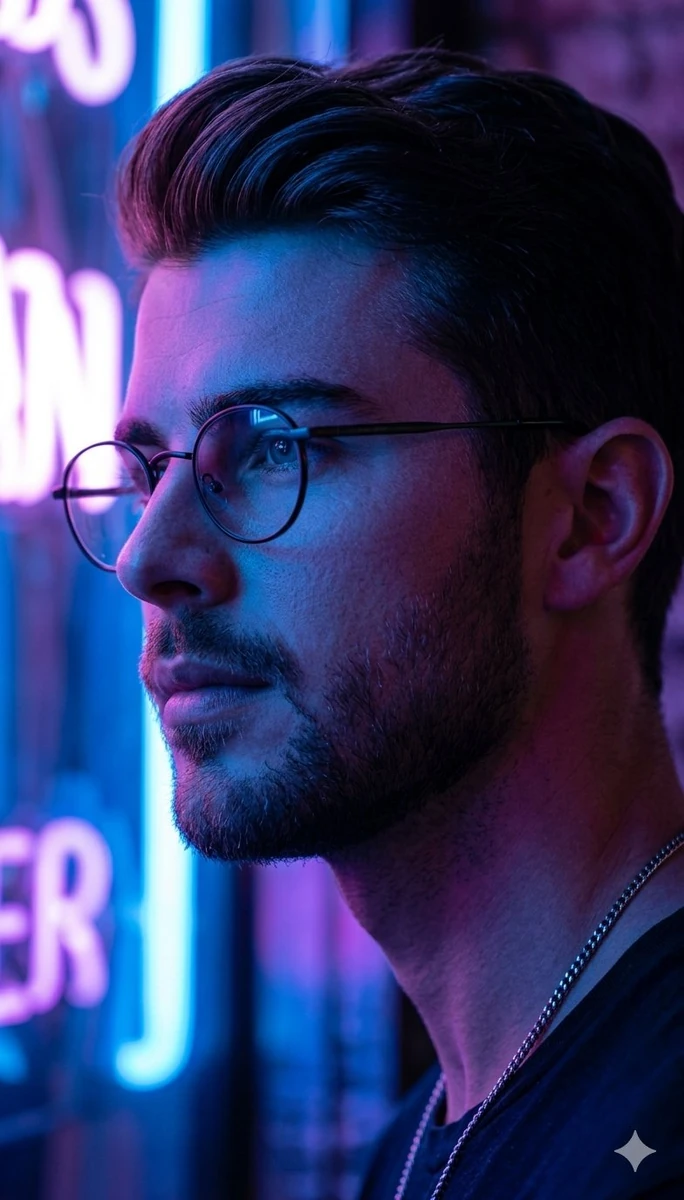 Ultra-realistic cinematic portrait of a thoughtful man wearing round glas...