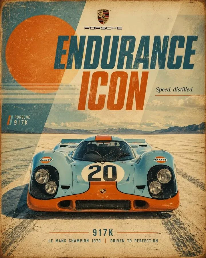 Retro motorsport poster for [CAR], 4:5 vertical. Show a front-facing low-...