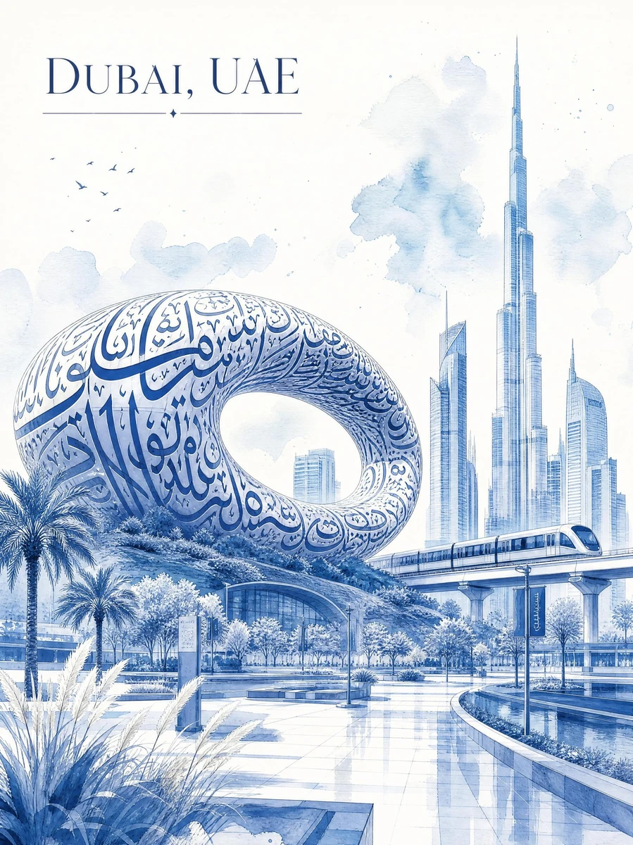 Ultra-luxury minimalist watercolor travel poster of Dubai, UAE, rendered...