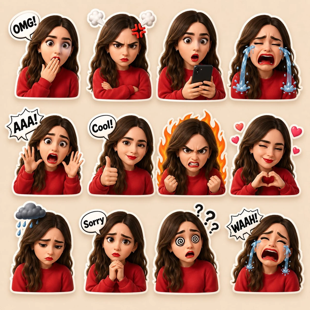 A high-quality 3D cartoon sticker pack of the person in the reference ima...