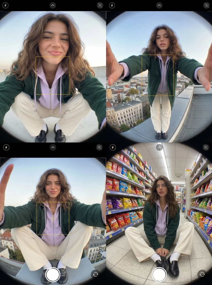 Fashion diary composed of three exaggerated fisheye smartphone photos. [H...