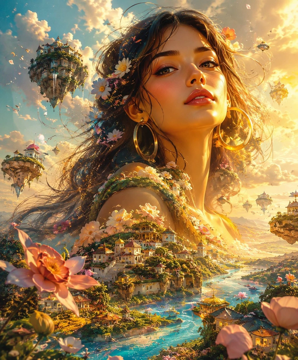 A giant ethereal woman with glowing skin, glossy lips, dark eyes, and lar...