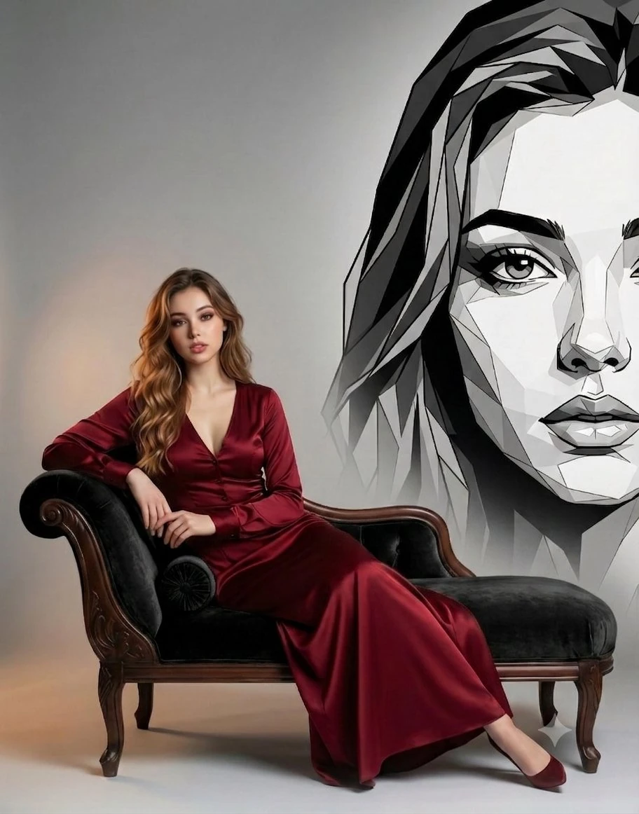 Elegant luxury fashion editorial portrait, beautiful woman seated gracefu...
