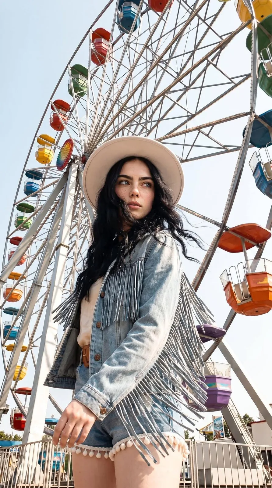 Shot from a low-angle perspective. The woman is wearing a boho-chic outfi...