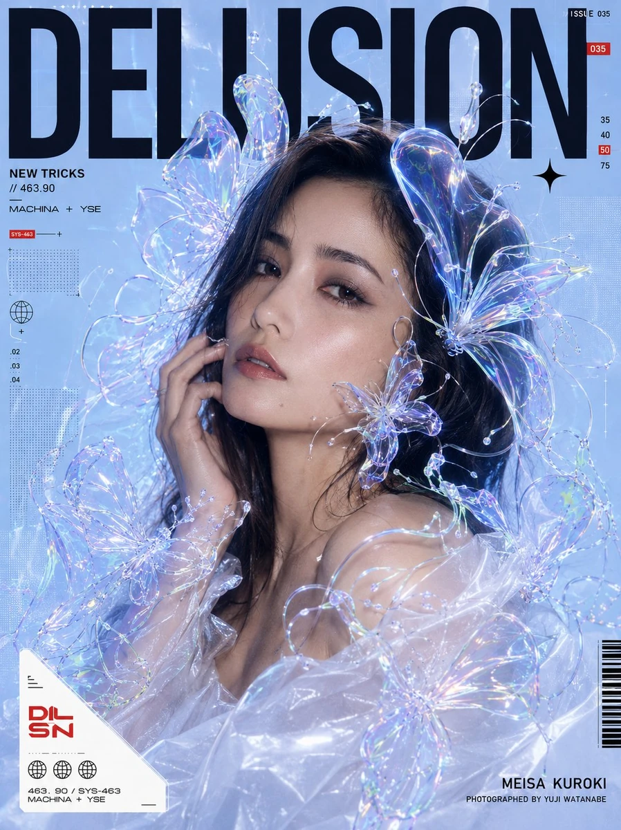 scene": "Ultra-premium futuristic fashion magazine cover portrait with a...