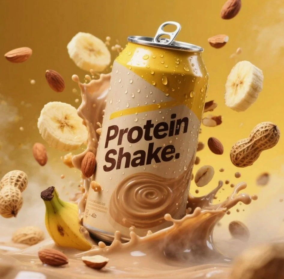 Hyper-realistic product advertisement of a protein shake can with yellow...