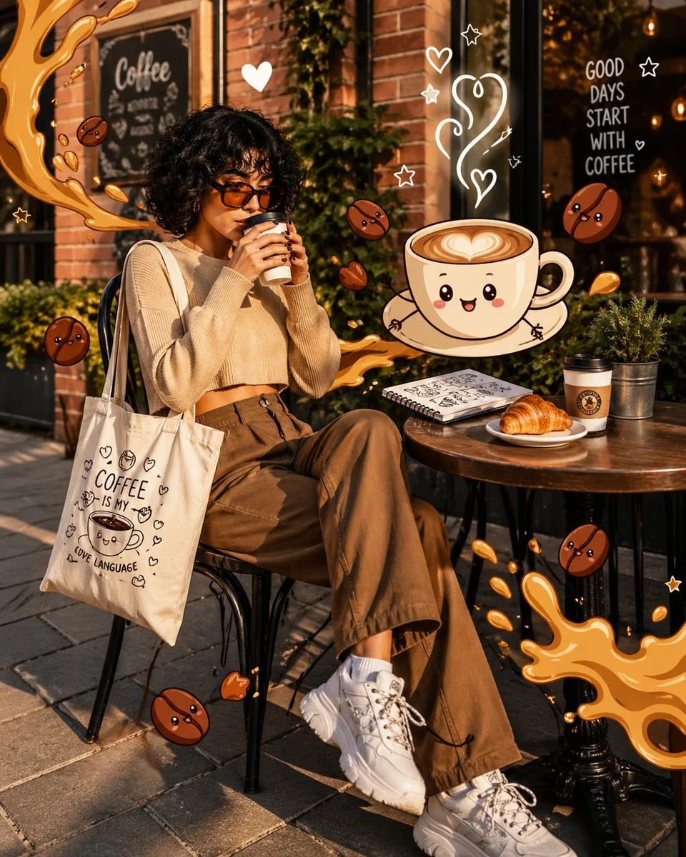 A trendy young woman sitting at an outdoor café table, holding a hot coff...