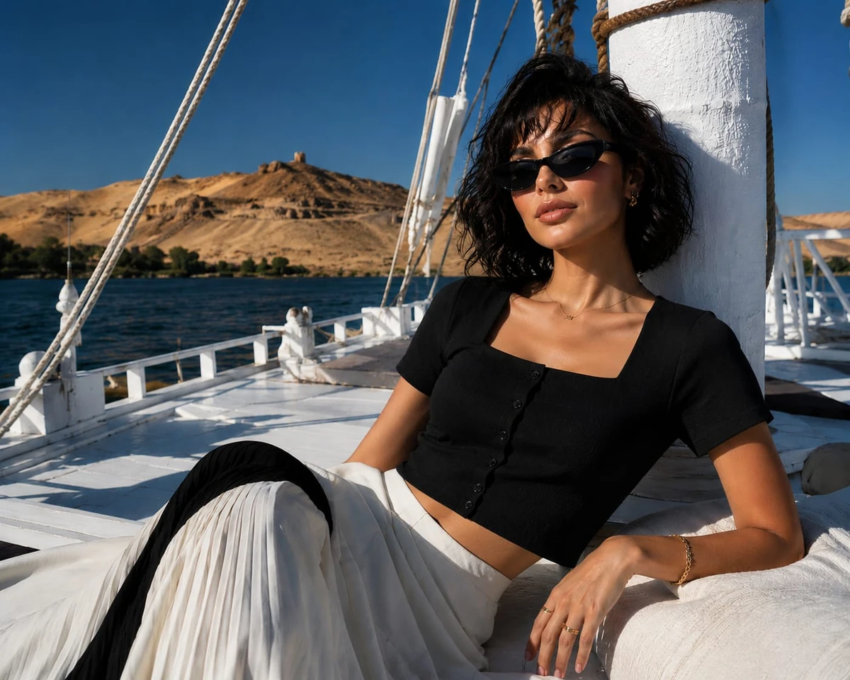 High-fashion editorial photograph captured aboard a traditional wooden sa...