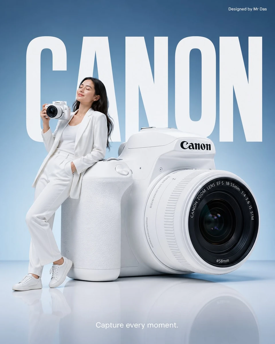 Minimalist commercial ad featuring oversized white DSLR camera, ultra-cle...
