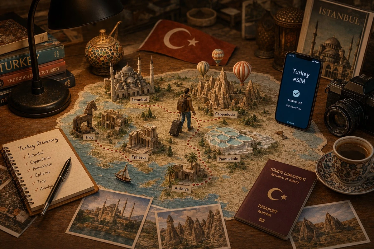 A premium travel-planning tabletop scene for [LOCATION], photographed fro...