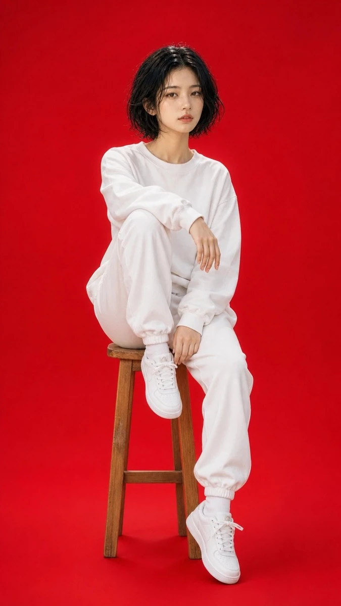 A minimalist high-fashion studio portrait of a young woman with a short w...