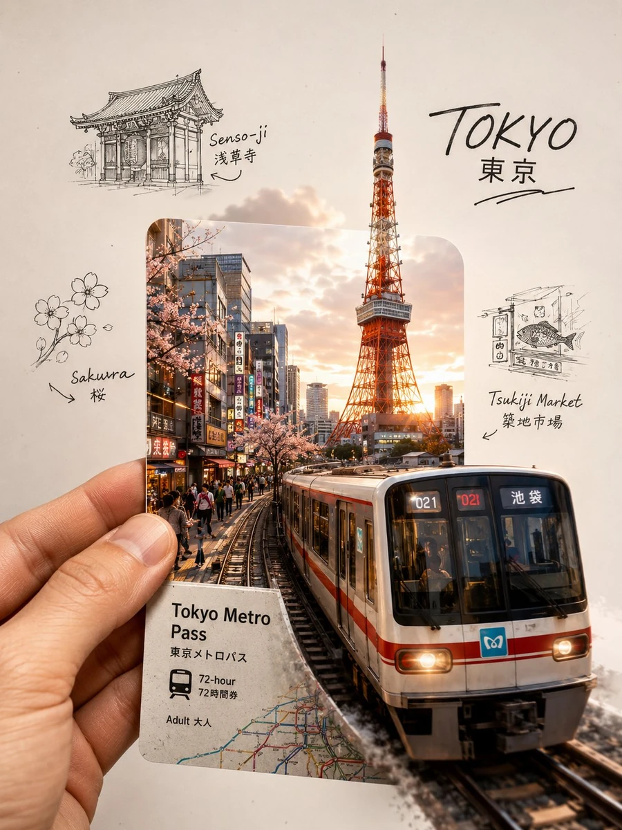 A highly aesthetic travel-journal collage of Tokyo, Japan, designed in a...