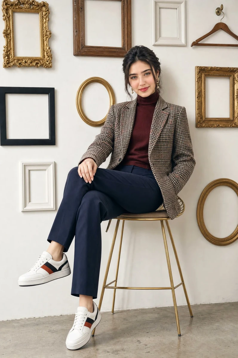 A stylish young woman with sleek dark hair styled back, defined brows, mi...