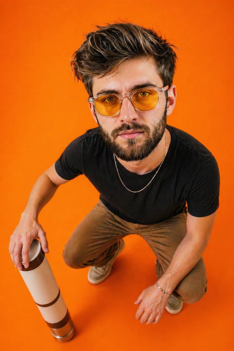 Ultra-realistic portrait of a young man captured from a top-down wide-ang...