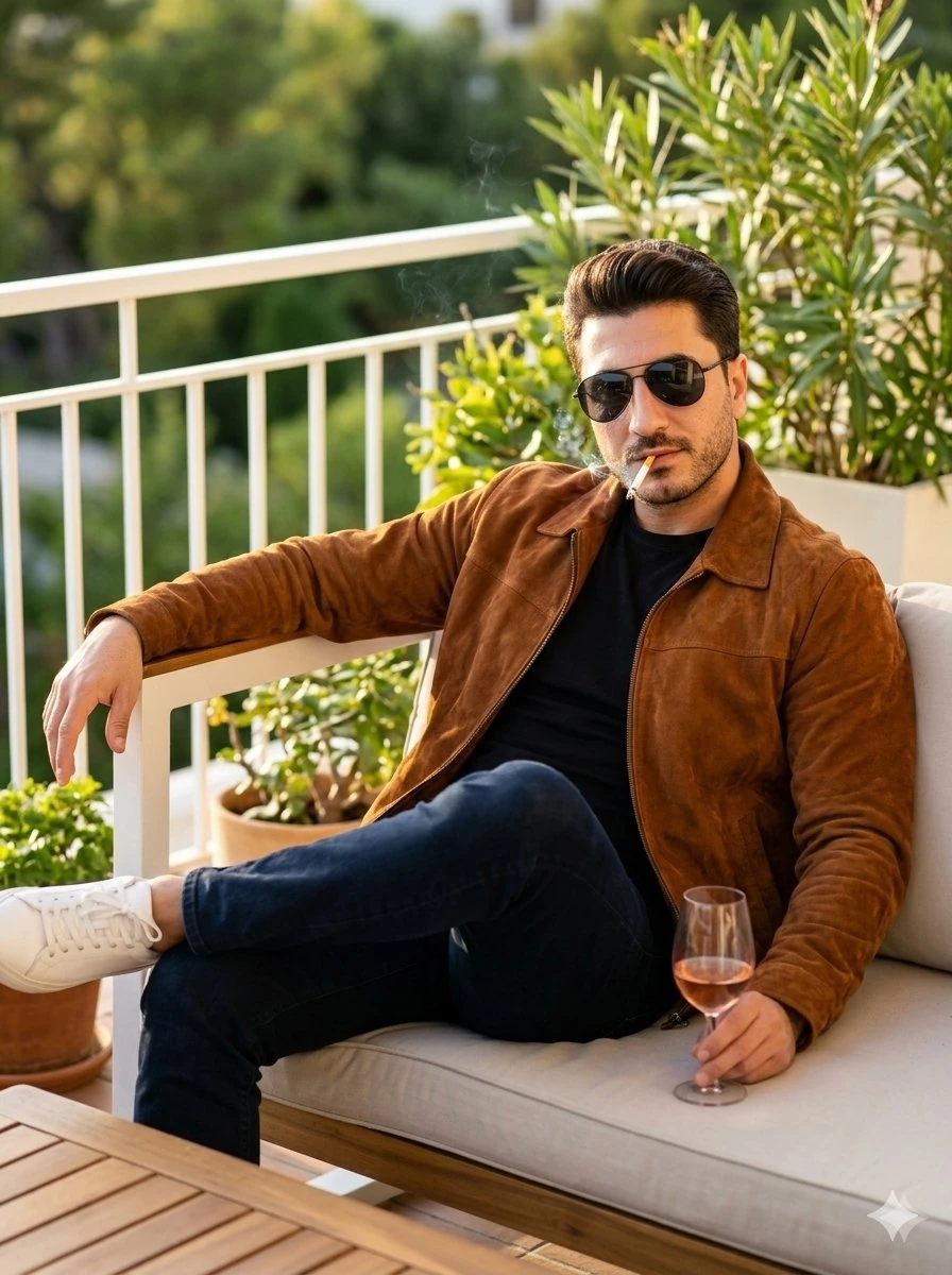 Photorealistic portrait of a confident stylish man in his late 20s to 30s...