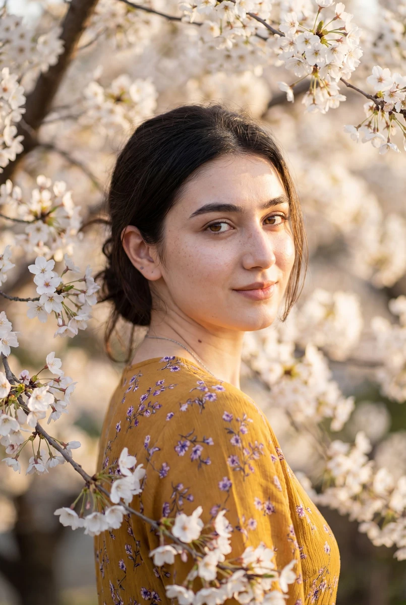 Ultra-realistic portrait of a young woman standing among blooming white c...