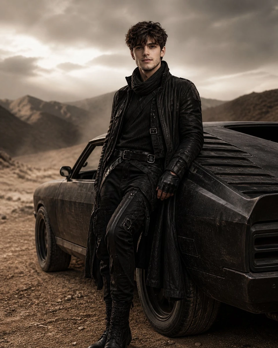 Luxury fashion editorial, cinematic desert setting, matte-black vintage m...