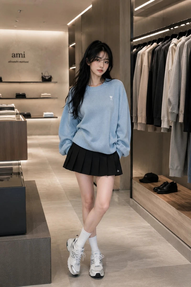 A full-body editorial fashion photograph of a beautiful young woman with...