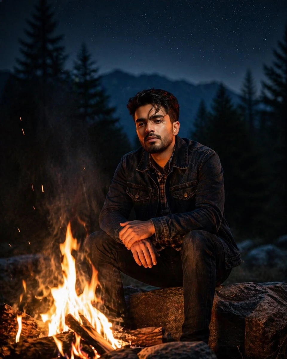 - Ultra-realistic cinematic portrait of a young man sitting alone beside...