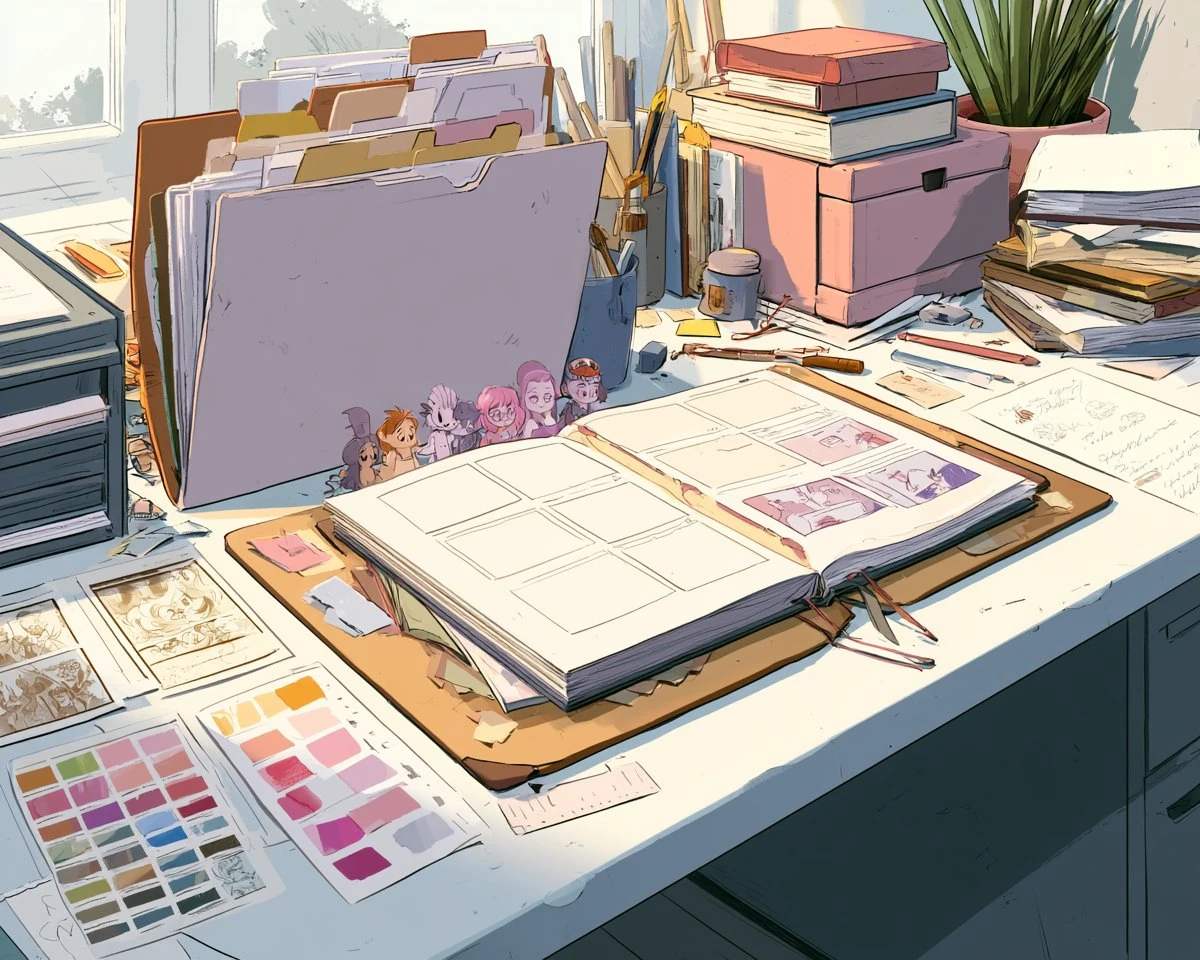 quiet cartoon archive desk, open folder labeled with blank tabs, small fi...