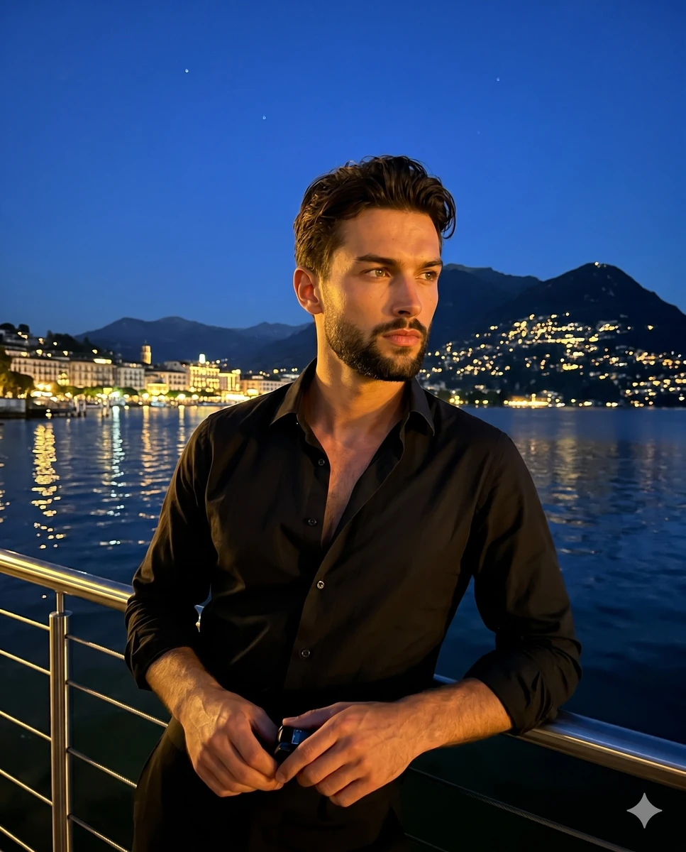 A medium-scale cinematic portrait captures a young male adult looking tho...
