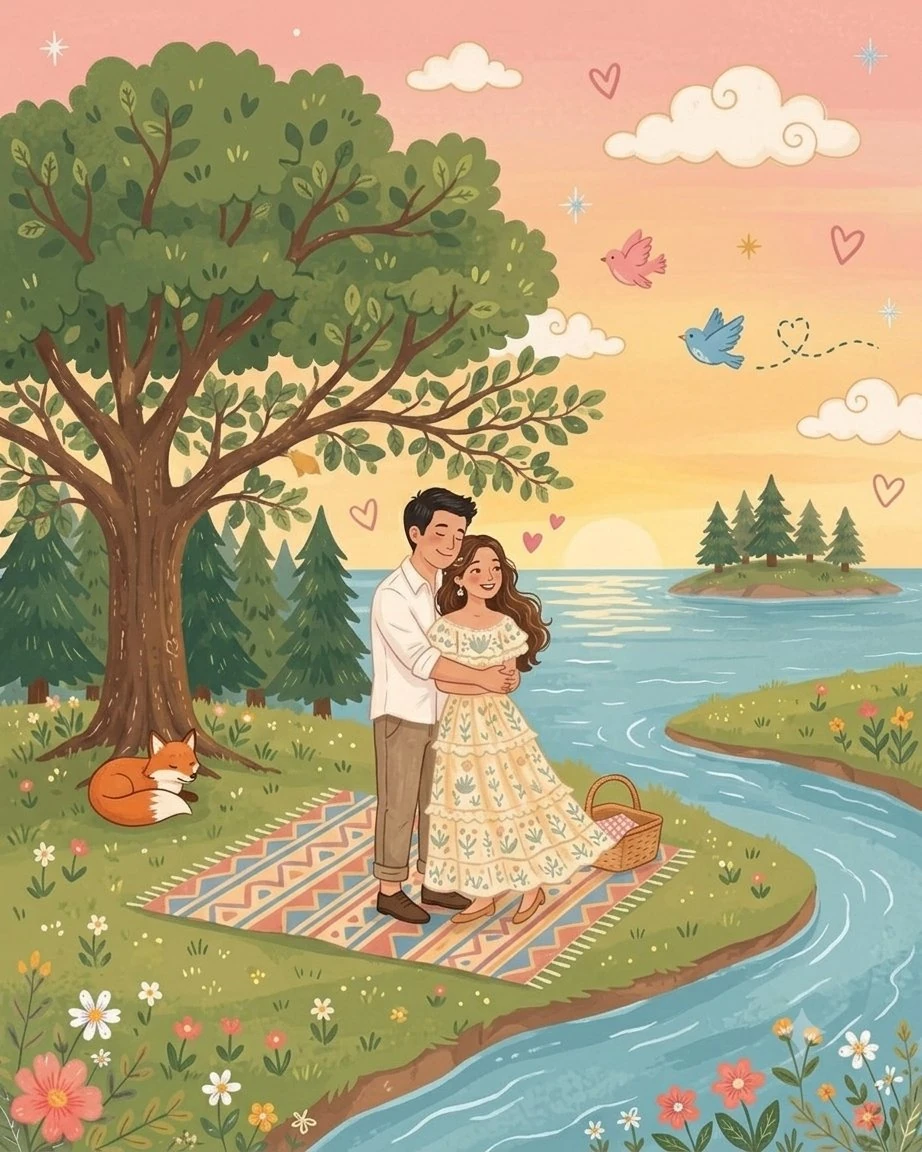 Transform this photo into a whimsical folk flat illustration with doodle...