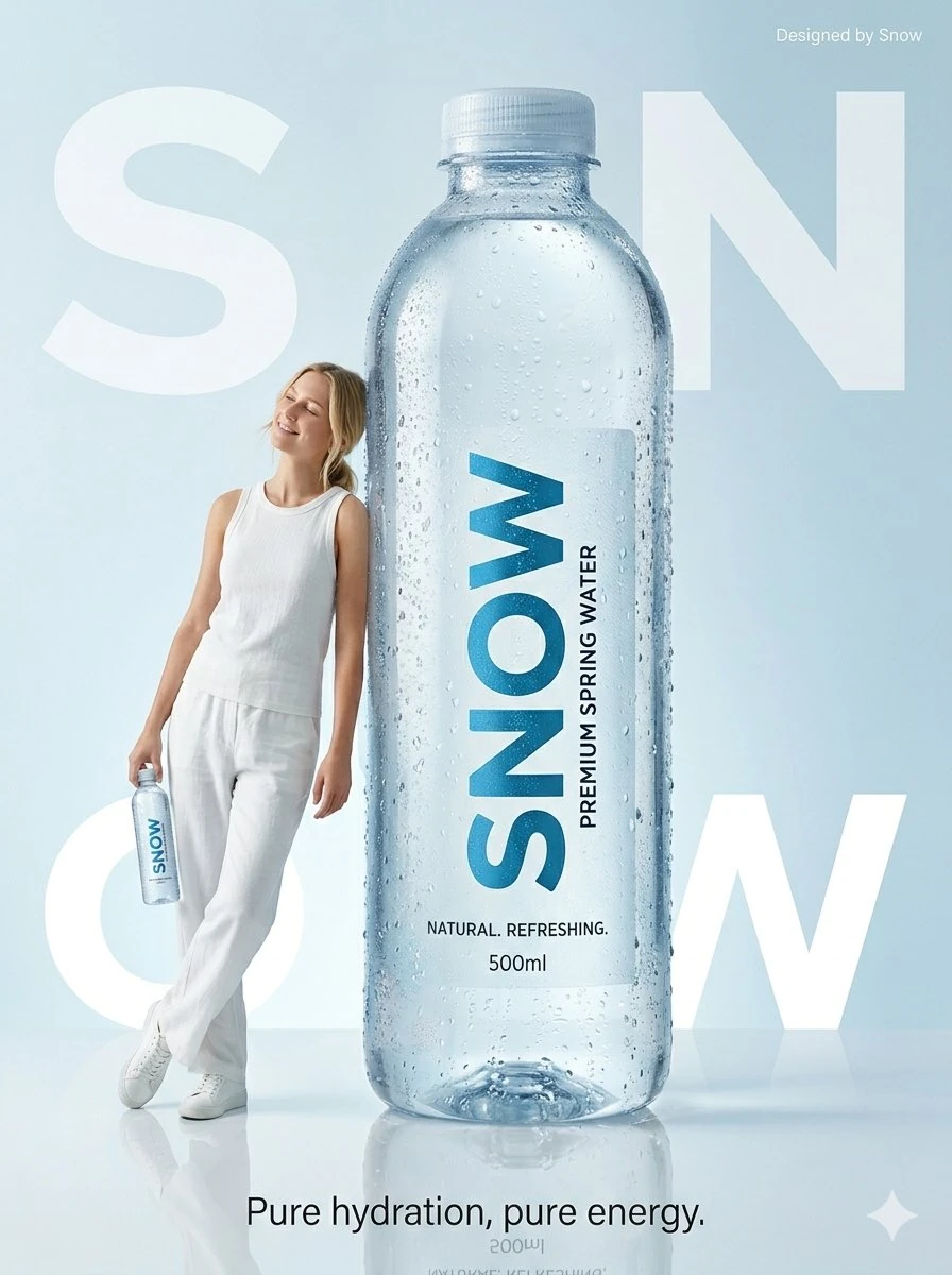 Minimalist commercial ad featuring oversized SNOW Water Bottle, ultra-cle...
