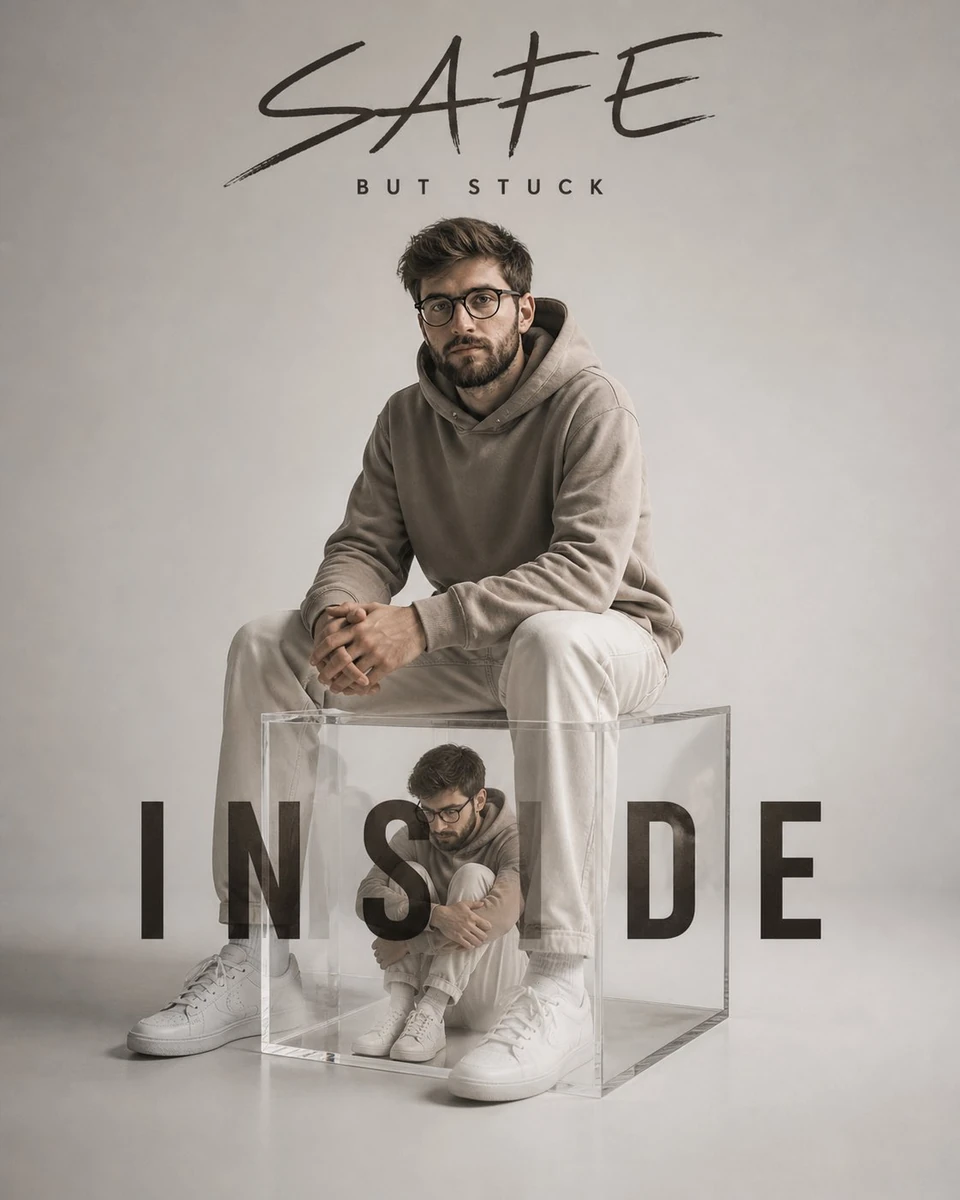 A young man sitting on a transparent acrylic cube. Inside the cube is a s...