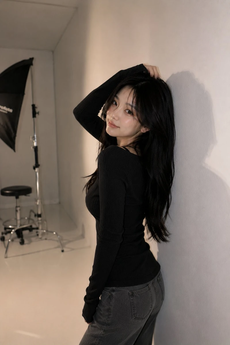 Ultra-realistic studio fashion portrait of a beautiful Korean woman posin...