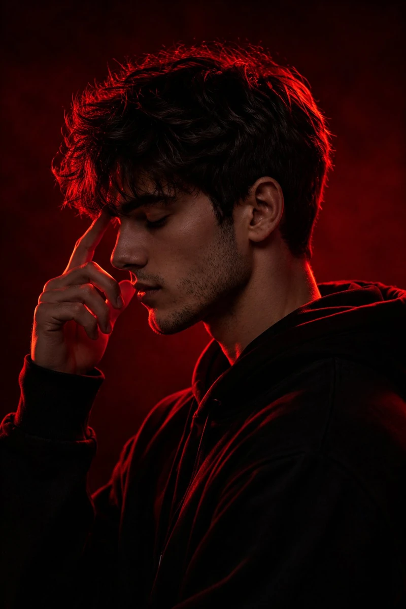Ultra-cinematic dramatic red silhouette portrait of a young man in side p...