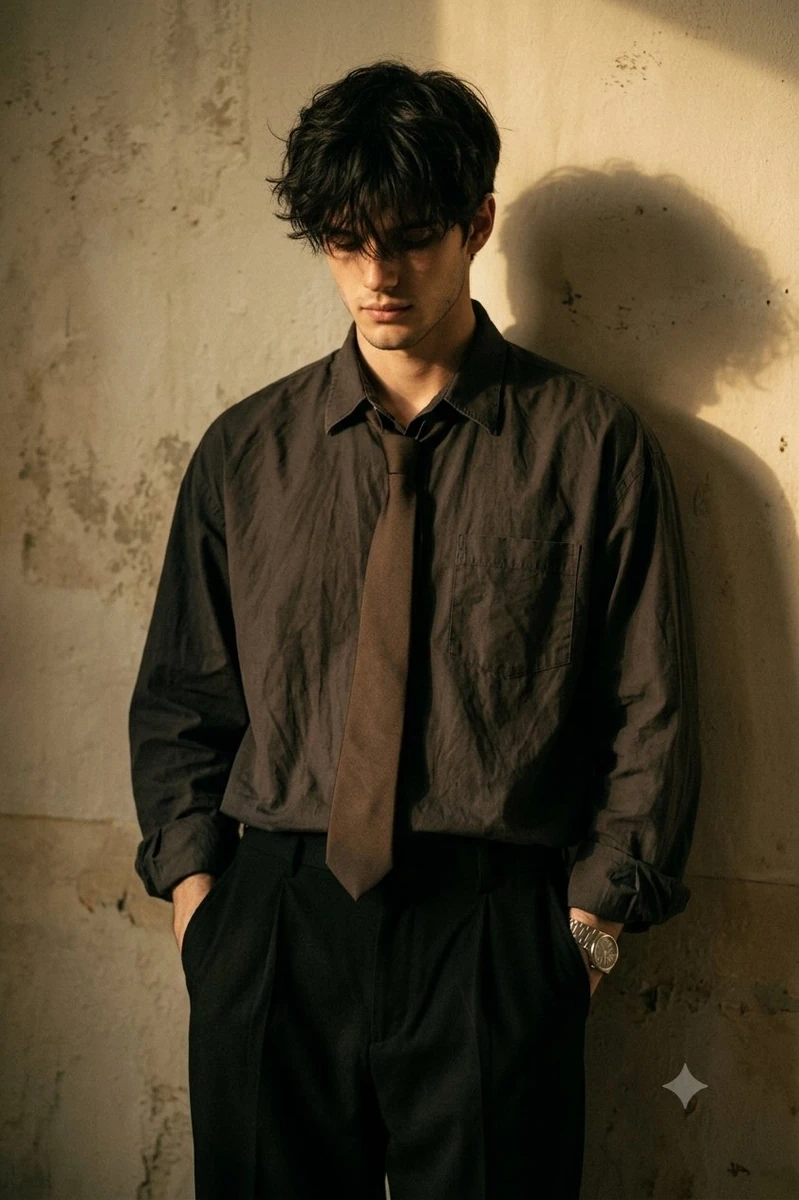 Moody cinematic portrait of a young man standing against a textured wall,...