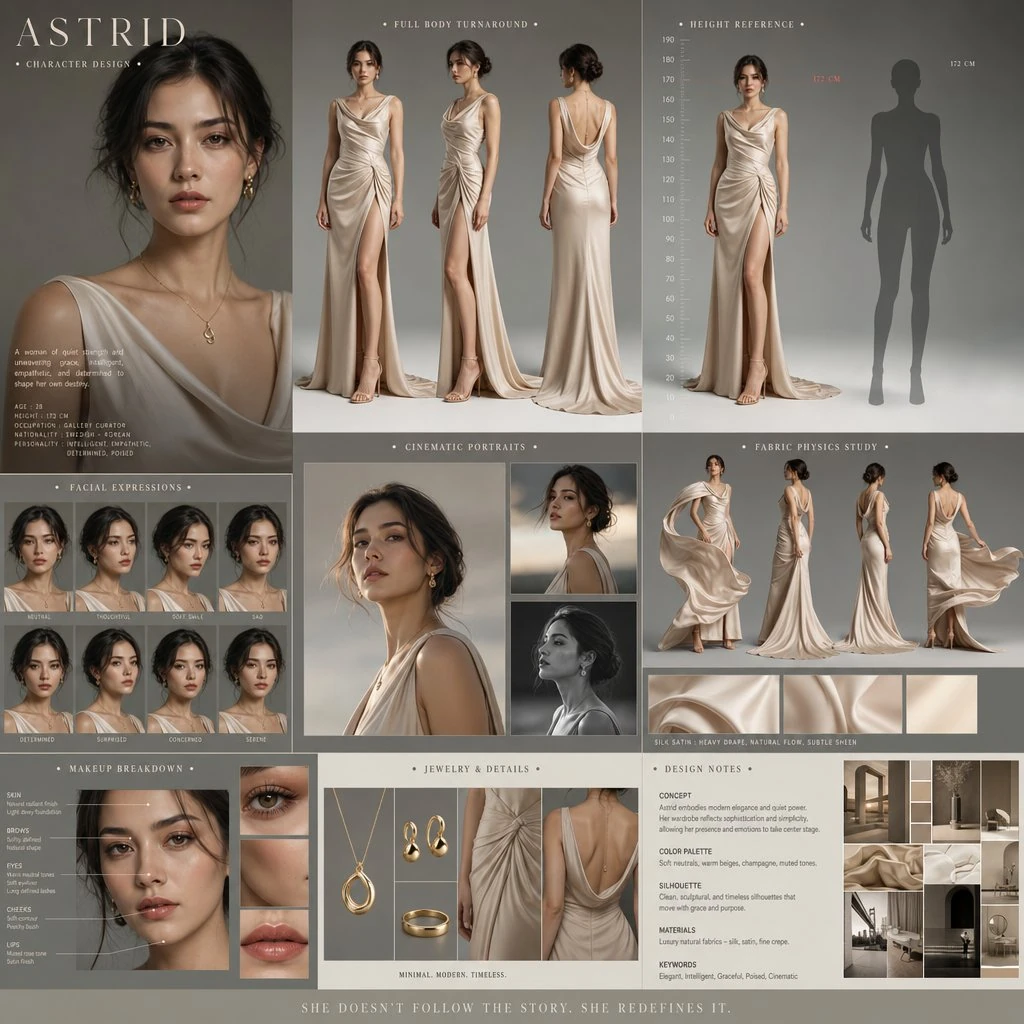A stunning female protagonist with sharp yet gentle facial features, glow...