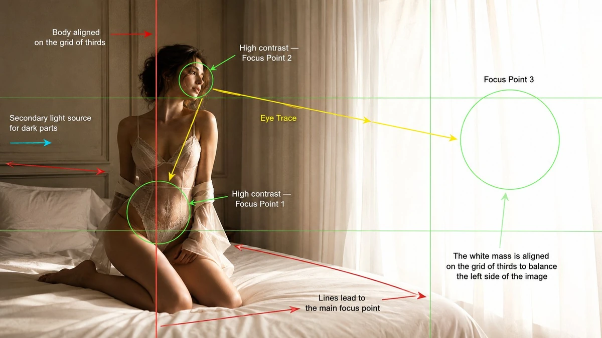 Main Image: A young adult female model kneeling on a soft white bed besid...