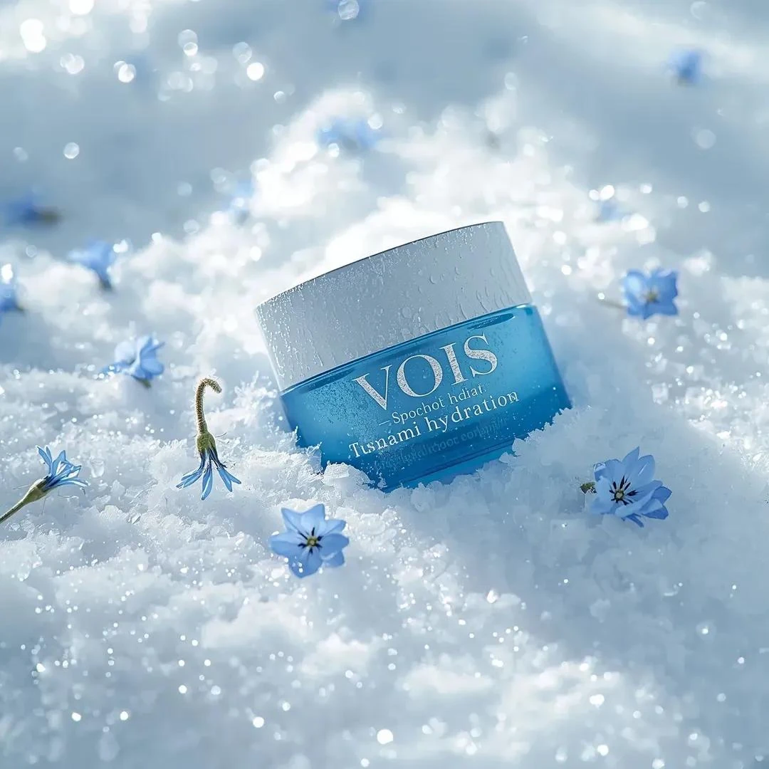 Photorealistic high-end skincare product photography of a blue cosmetic c...