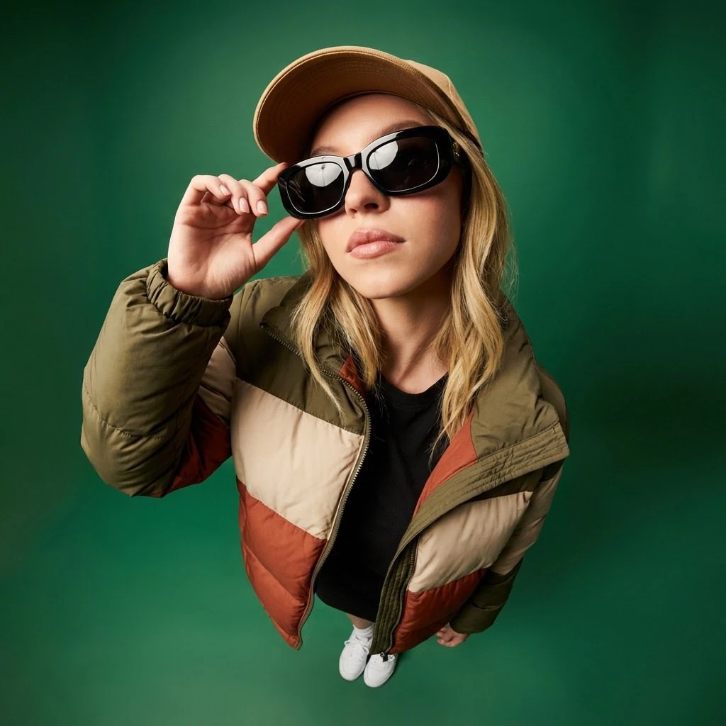 High-angle wide-angle (slight fisheye) fashion portrait of a young woman...