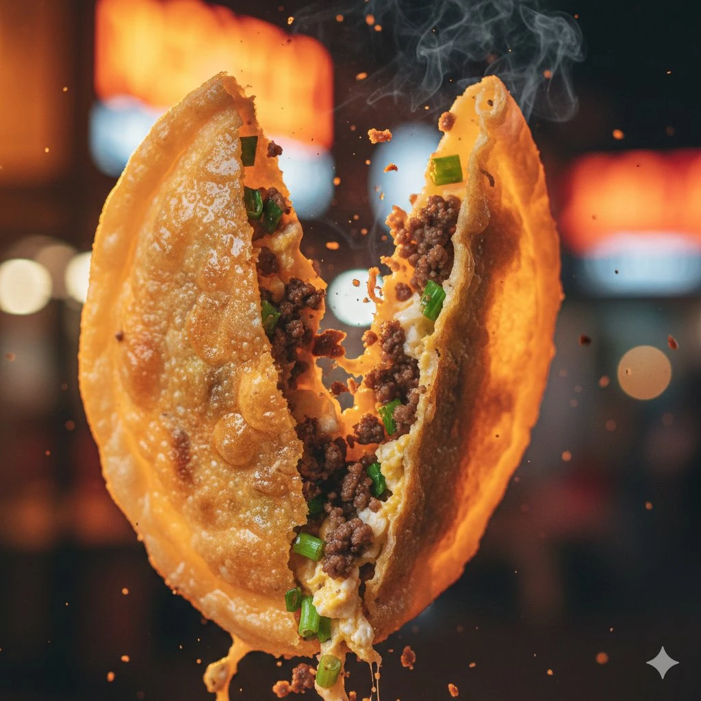 Macro food photography of a crispy martabak telur tearing open mid-air, t...