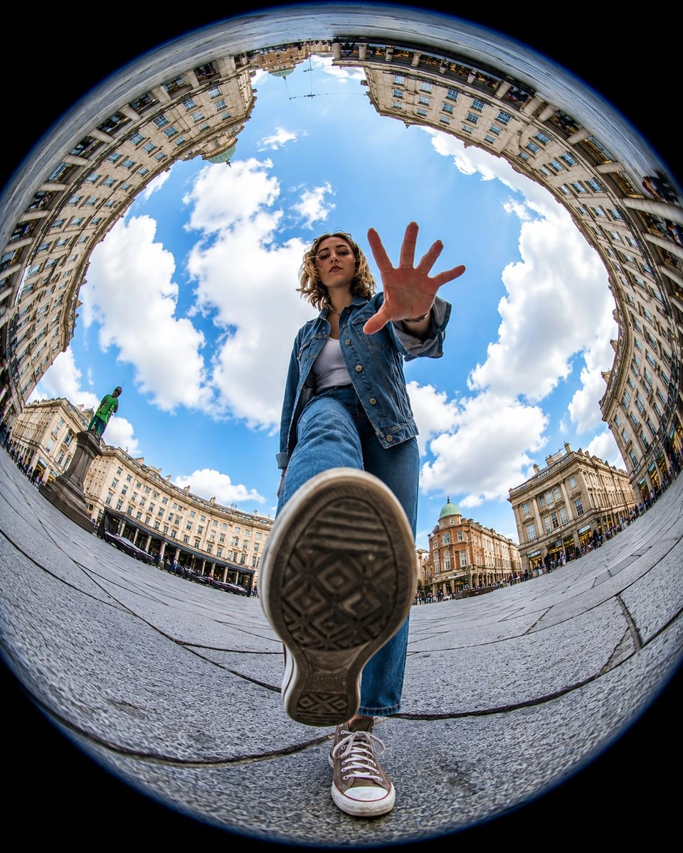 Ultra-realistic action photography, extreme fisheye lens, 8mm, worm’s-eye...