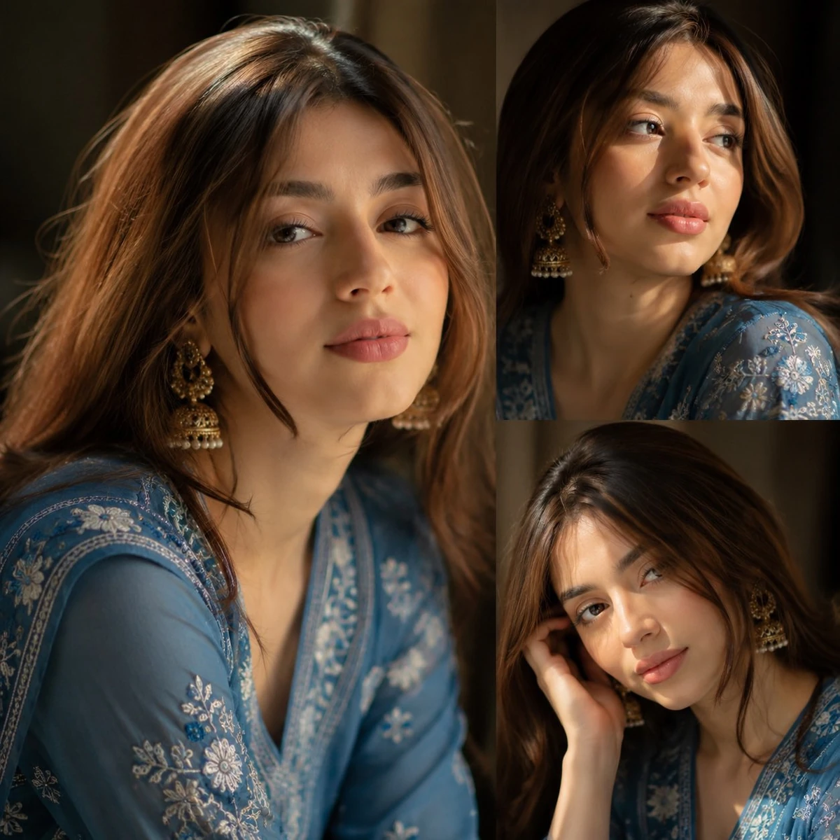Ultra-realistic South Asian female portrait collage, three-photo layout,...