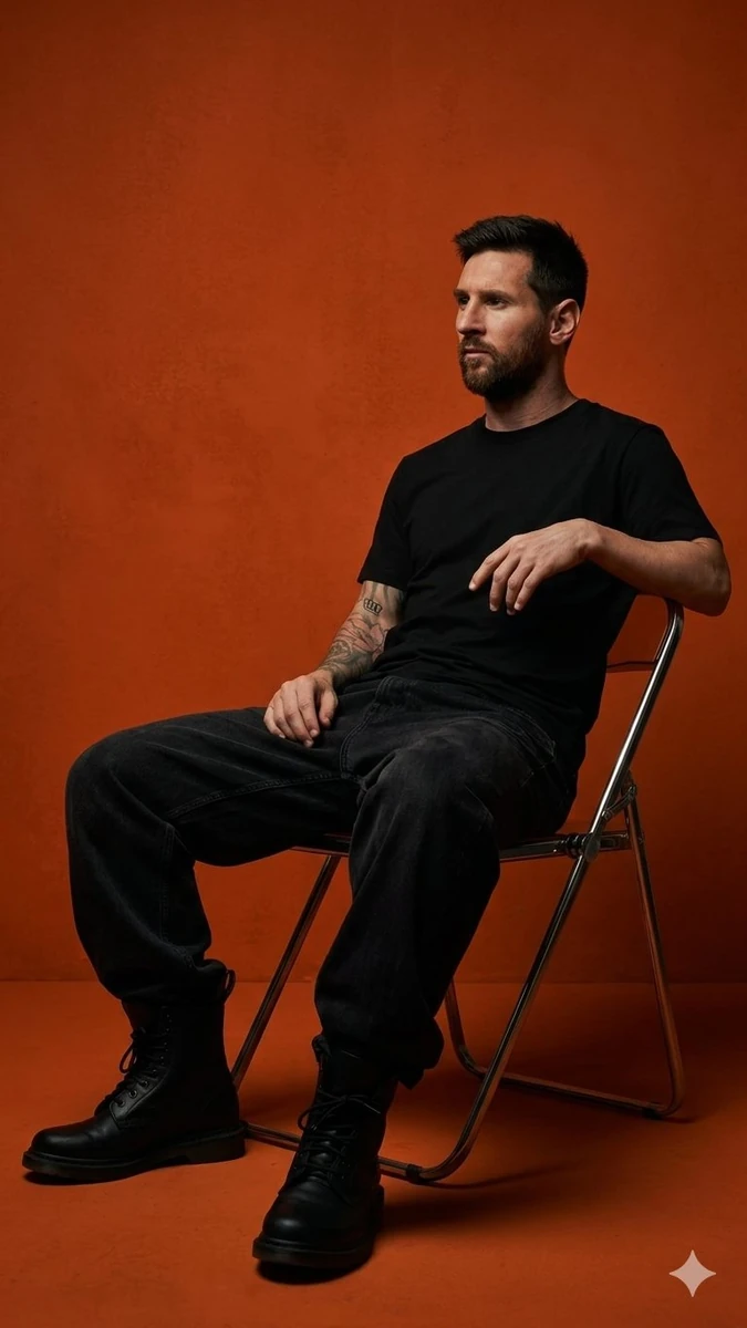 Use model (the person in the image) you create a dark orange studio photo...