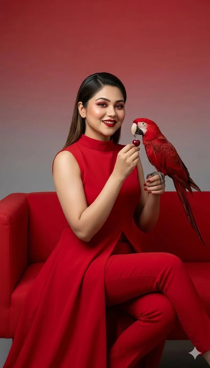 Red-on-red fashion editorial, woman in sleeveless A-line dress with pants...