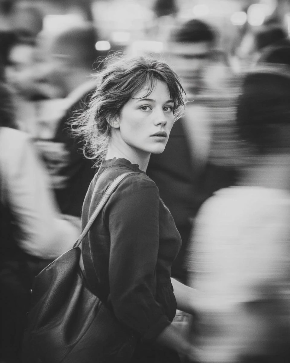 Woman in sharp focus walking through a motion-blurred city crowd